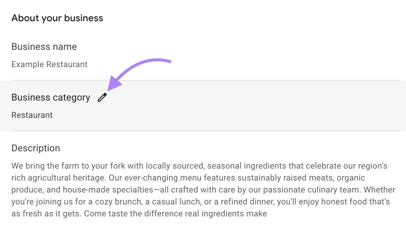 The "Edit profile" window on GBP with the pencil icon next to Business category clicked.