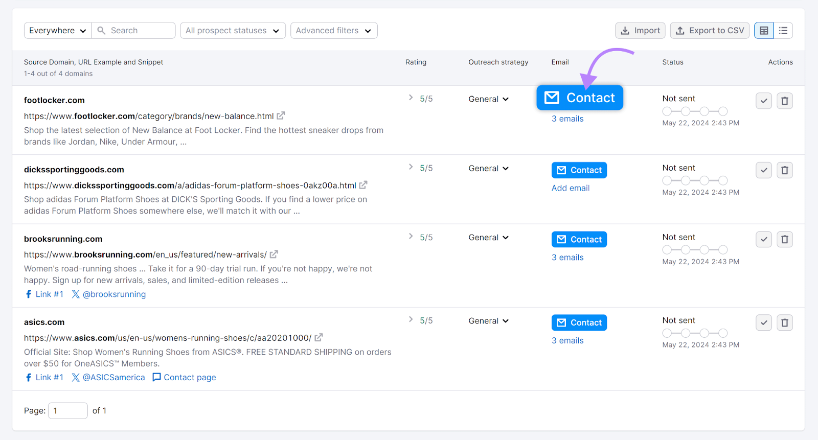 In progress tab with Contact button of first prospect highlighted.