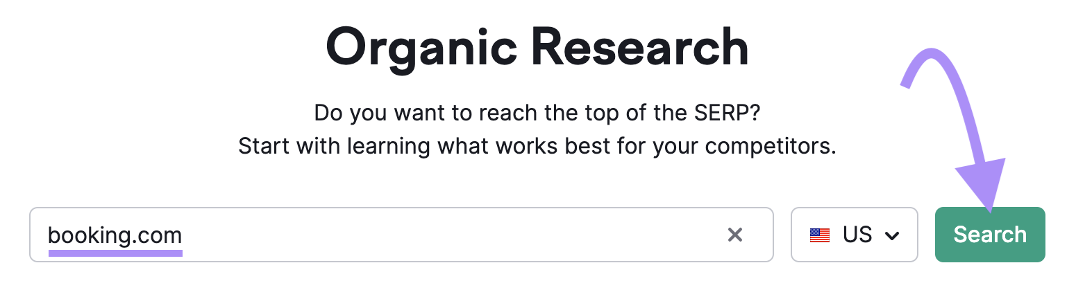 "booking.com" entered into the Organic Rankings tool search bar