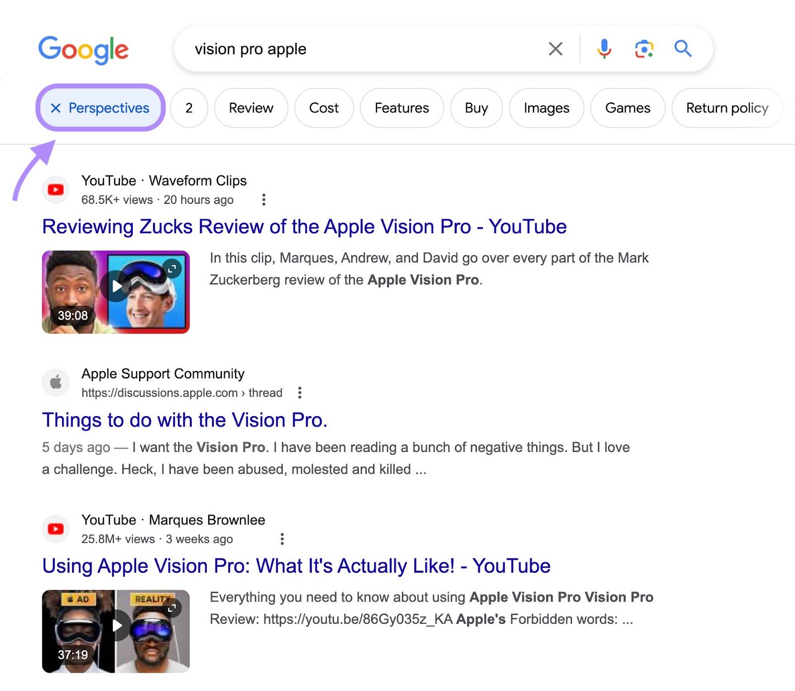 “Perspectives” filter on Google SERP
