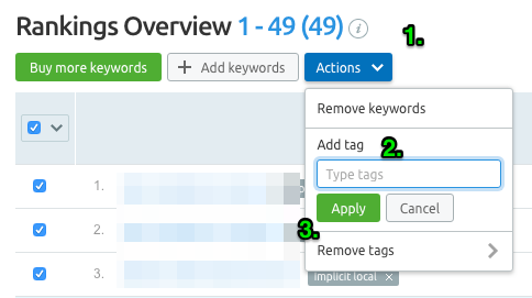 how to apply tags in SEMRush's position tracking tool