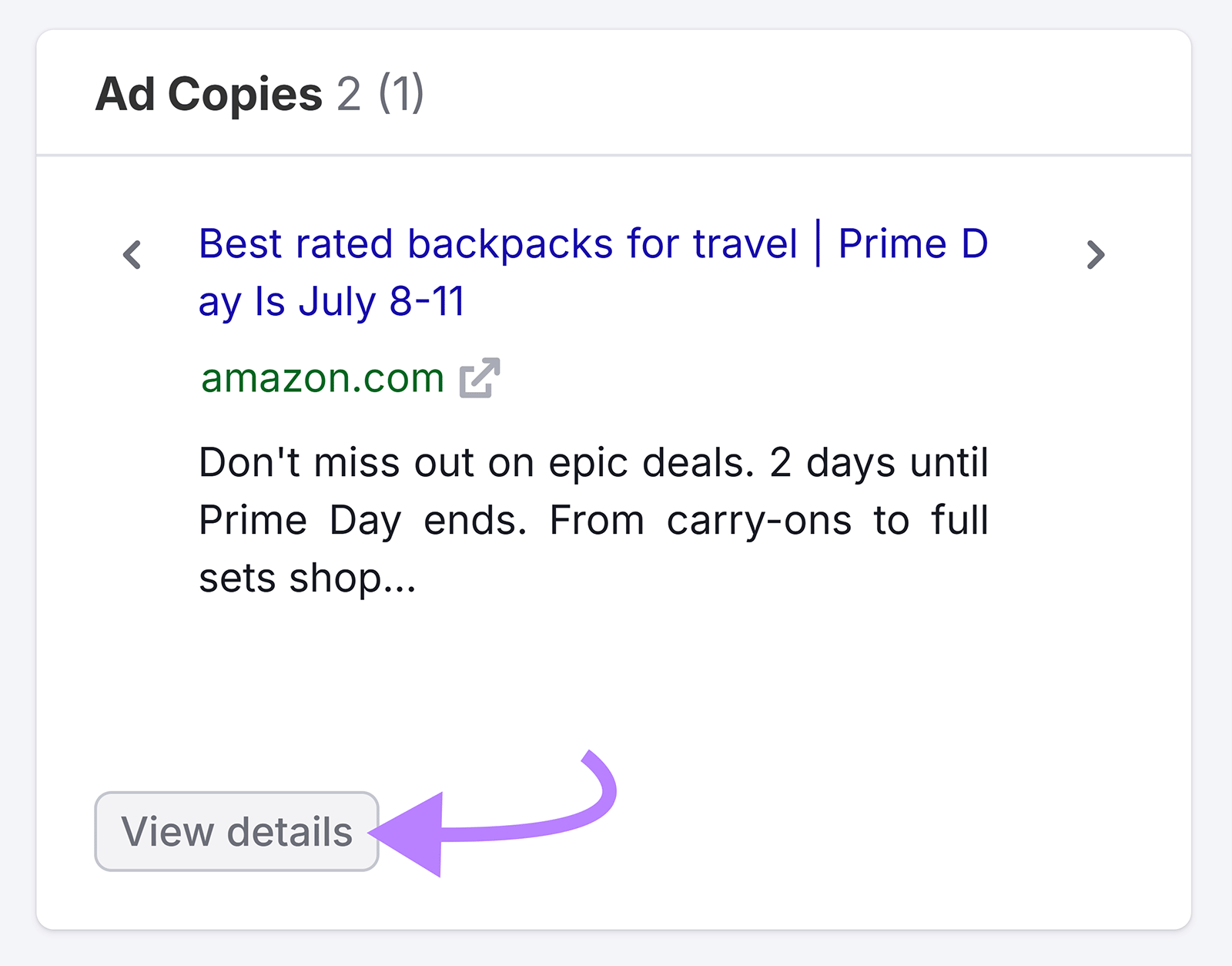 Amazon ad copy for backpacks shown in a card with a purple arrow pointing to the "View details" button at the bottom.