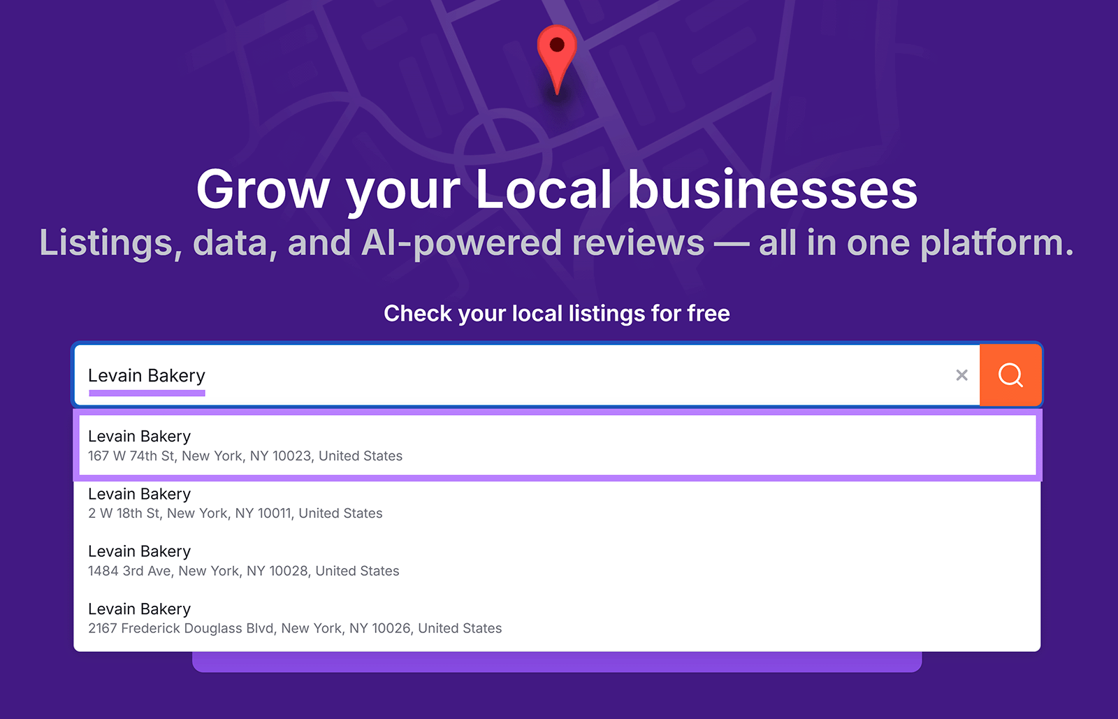 Business profile setup screen with a business name typed in the search field.