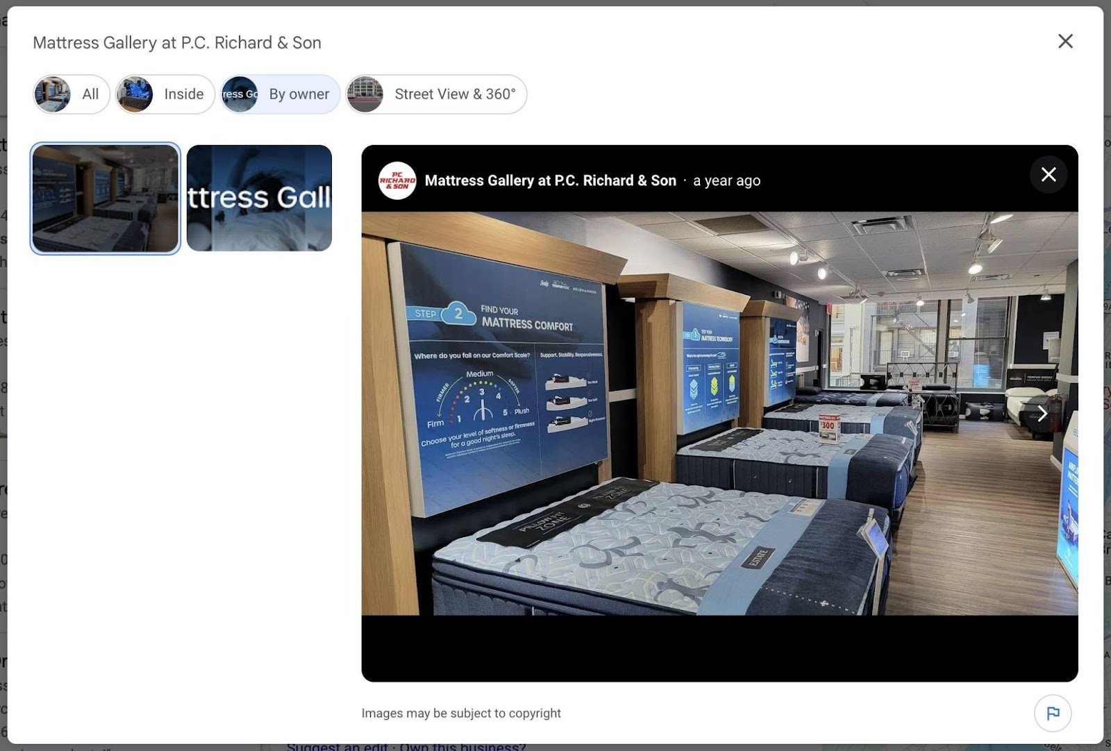 A business uploading just two photos, one of the facility and one with text, on their Google Business Profile.