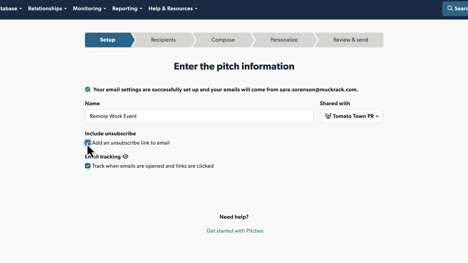Pitch setup screen showing unsubscribe link and email tracking options before sending outreach.