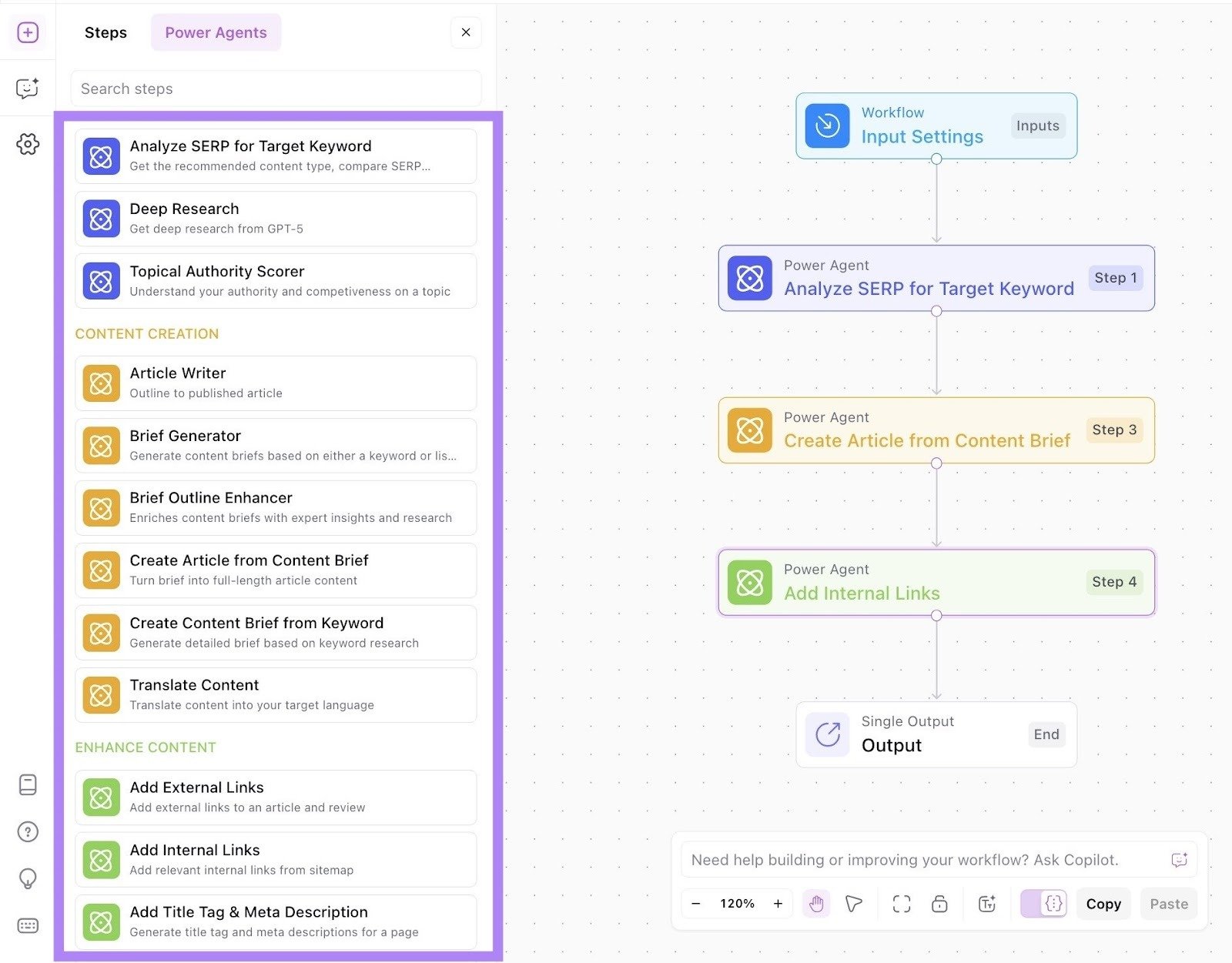 Creating a workflow on AirOps with the "Power Agents" on the left-hand side highlighted.