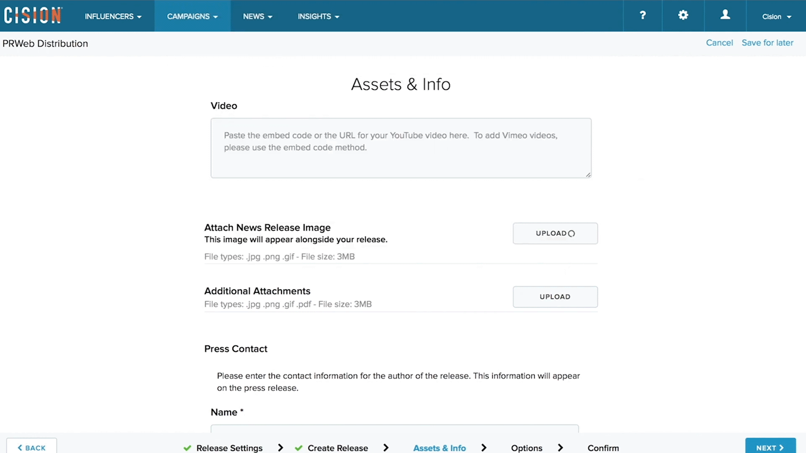Cision assets screen for uploading images, videos, attachments, and press contact details.