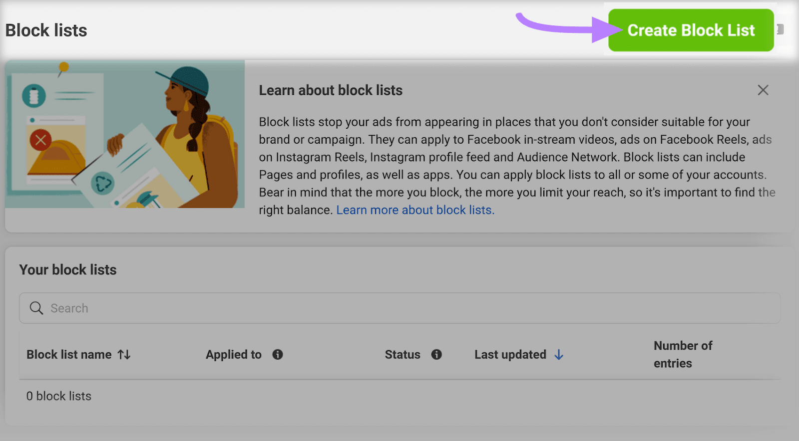 “Create Block List” green button selected in the top right corner