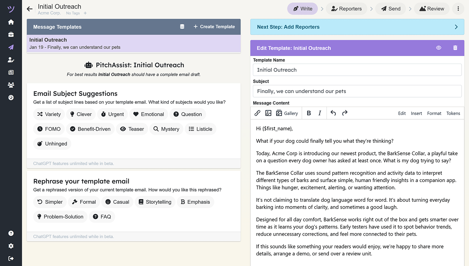 PitchFriendly email editor showing a pitch template with subject line, message body, and AI rephrasing sections.