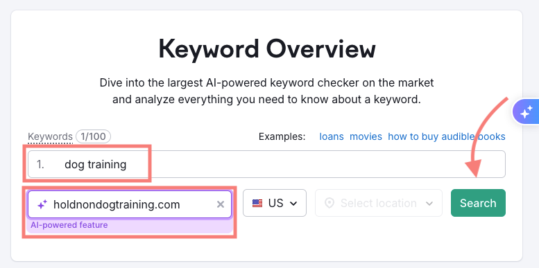 AI powered search bar in keyword overview