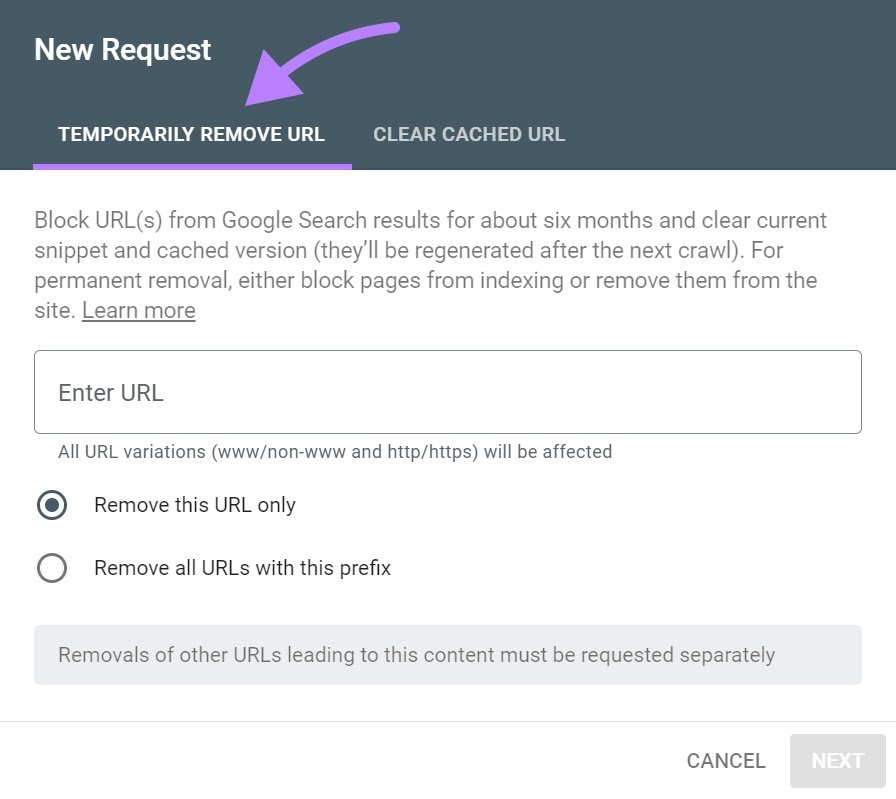 “Temporarily Remove URL” tab