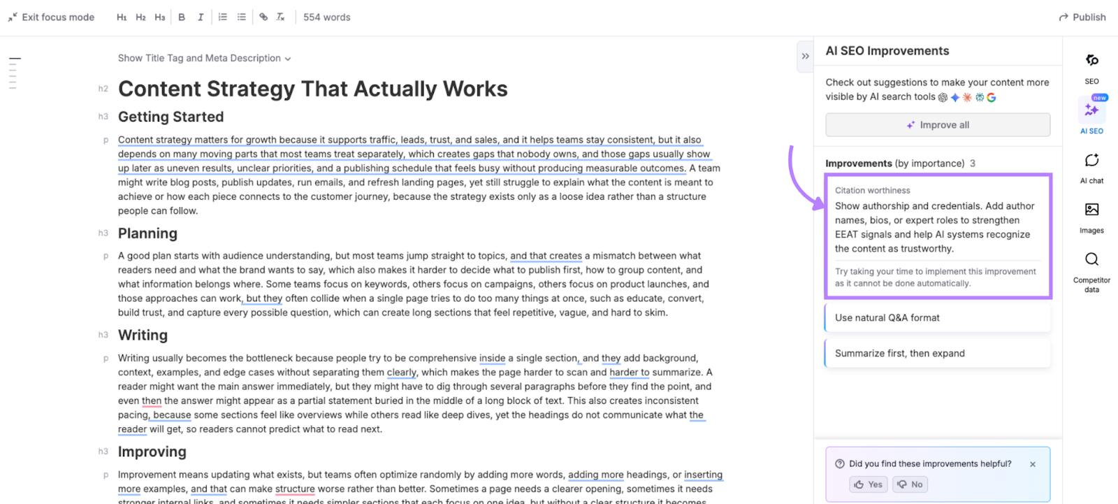 AI SEO Improvements recommending credibility cues