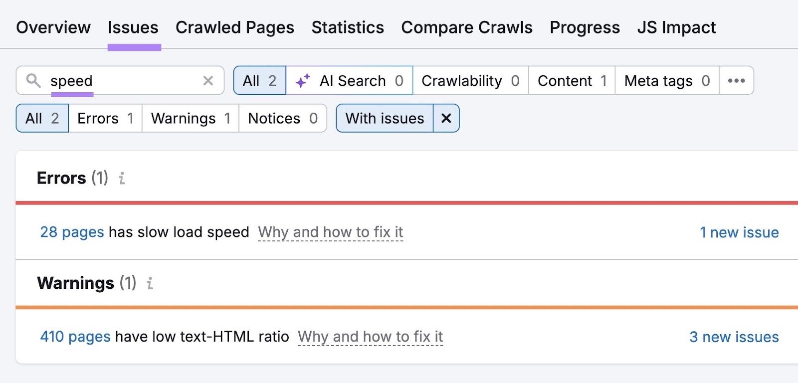 The "Issues" tab on Site Audit with "speed" entered which shows pages with slow load speed.