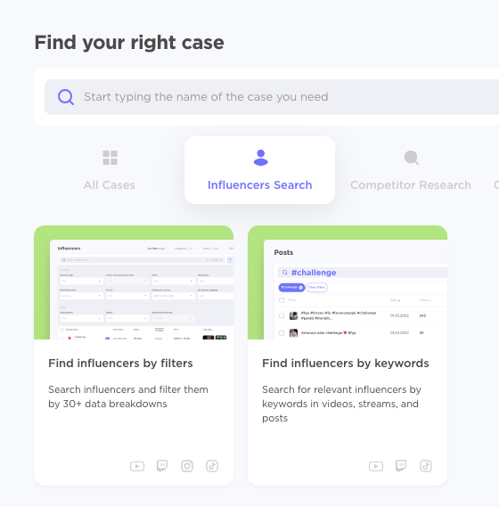 Where to find influencers by filter or by keywords within Buzzguru Influencer Analytics app