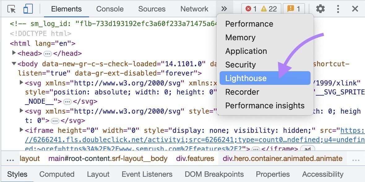 lighthouse in panel’s toolbar highlighted