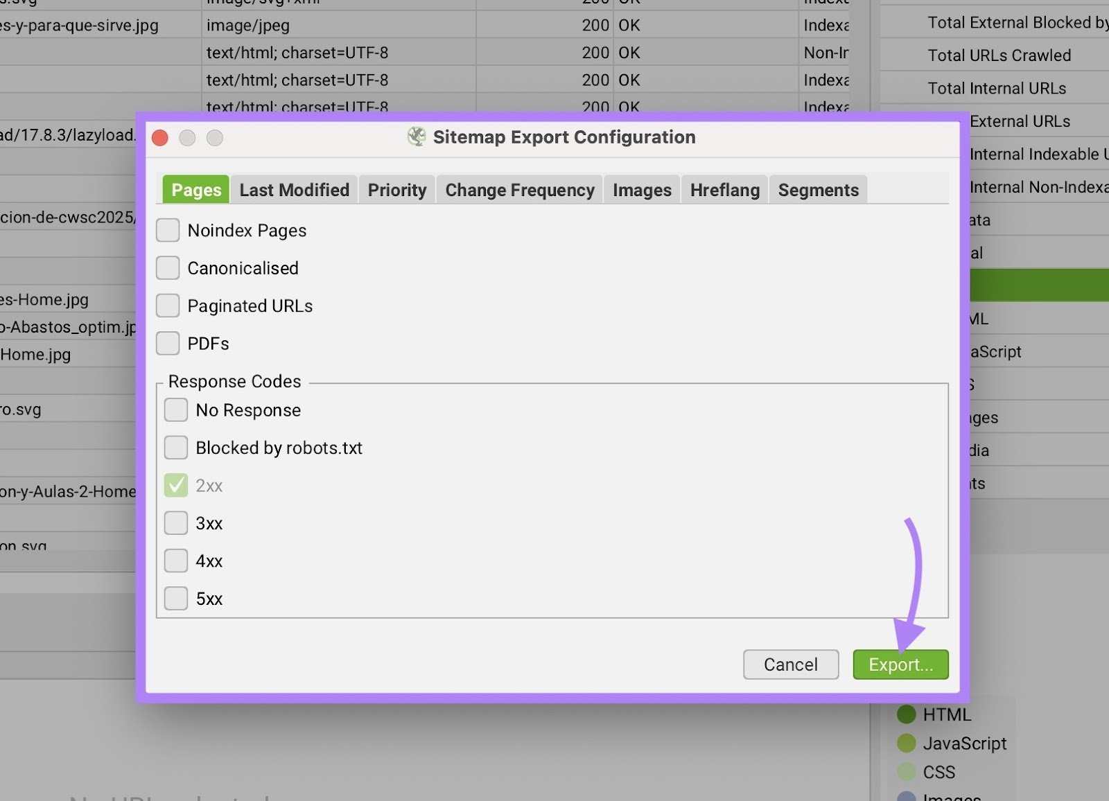 Sitemap Export Configuration on the Screaming Frog SEO Spider tool.