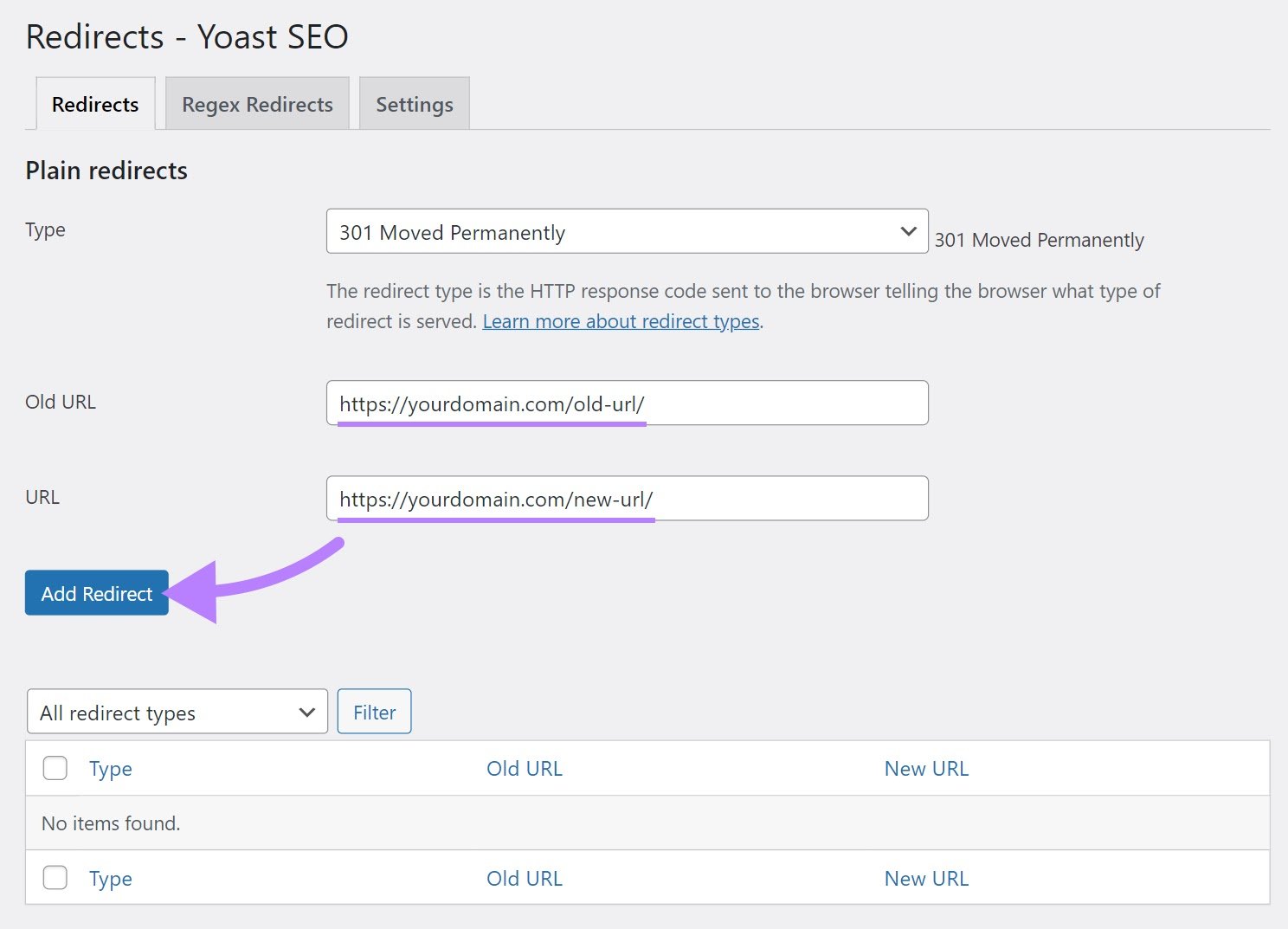 "Redirects - Yoast SEO" page