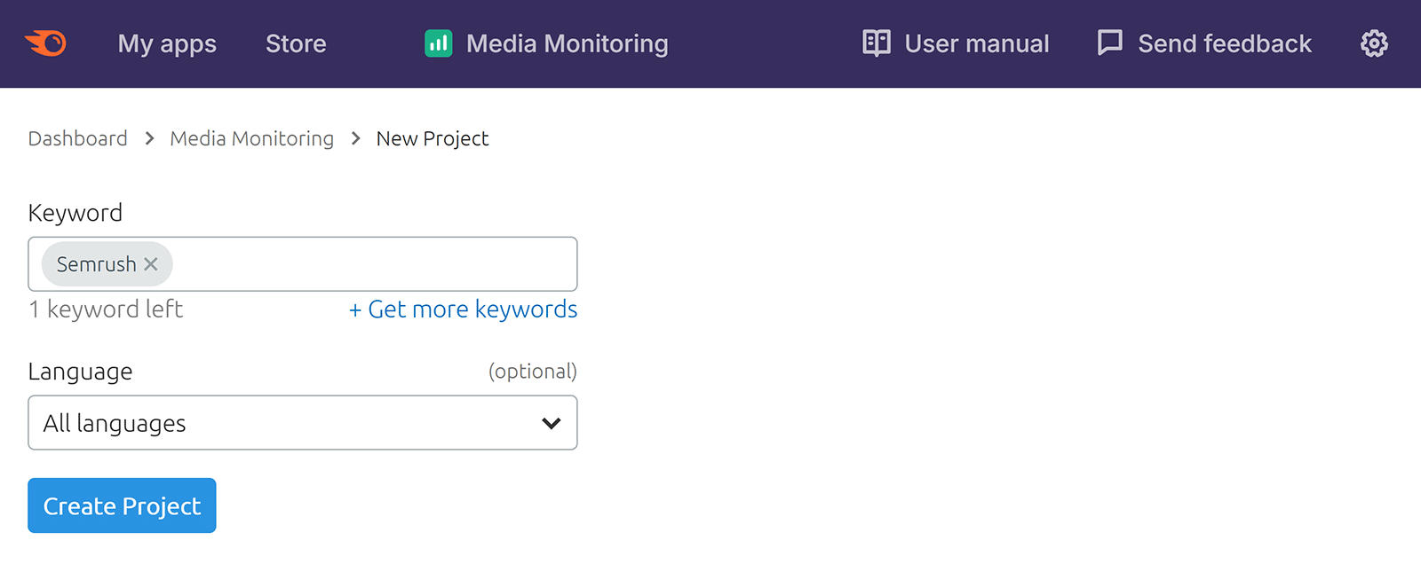 Media monitoring setup screen creating a new project with keyword, language, and project settings.