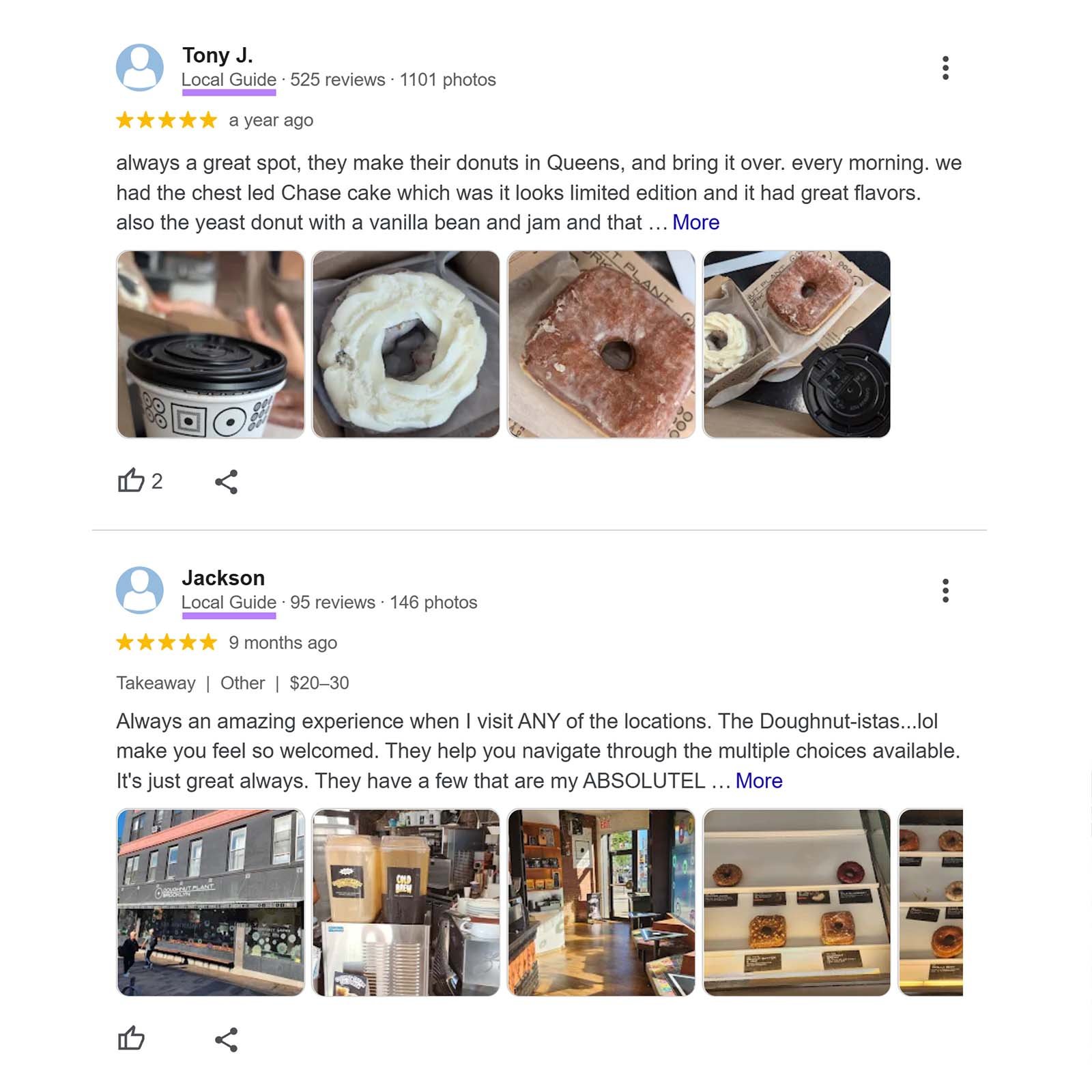 Two Google Local Guide reviews with star ratings, review text, and photos of donuts and café interiors
