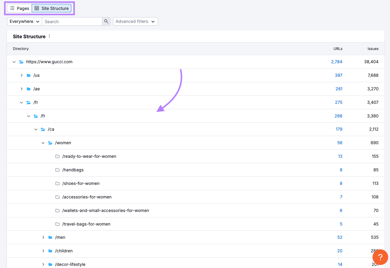 Using the Site Structure report to see how topics are nested
