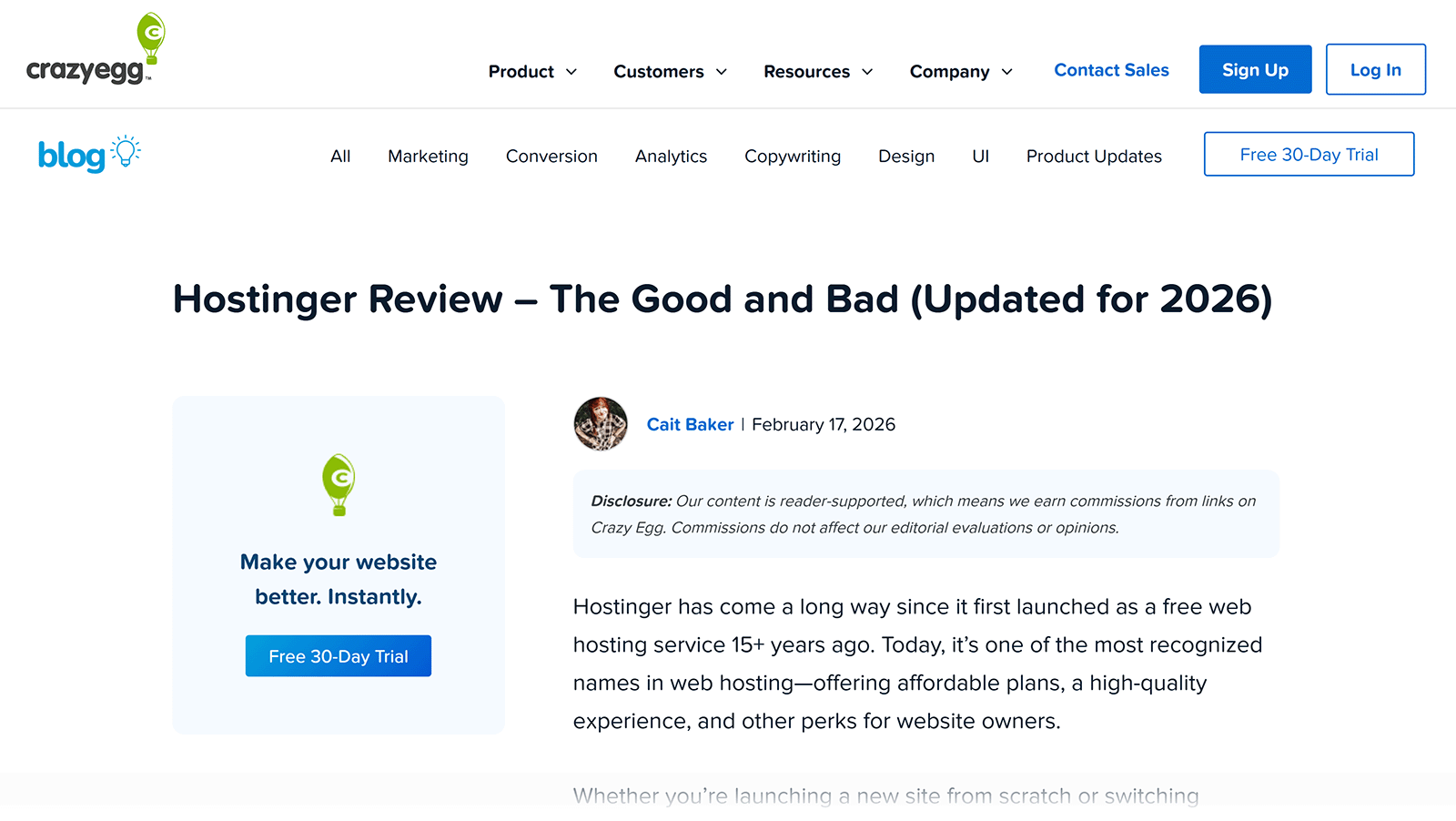 Crazy Egg Hostinger Review blog post with author, date, and intro text