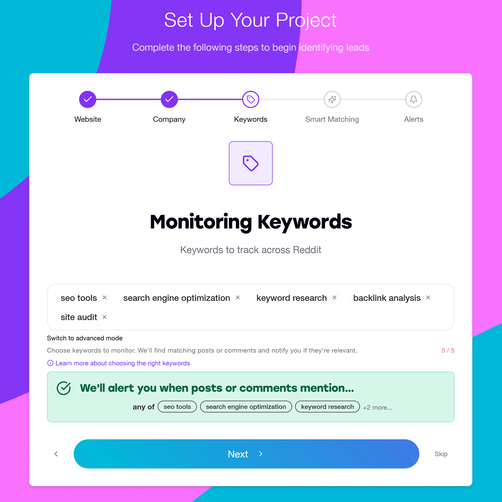 Pulse project setup step showing monitored SEO keywords used to track Reddit posts and comments.