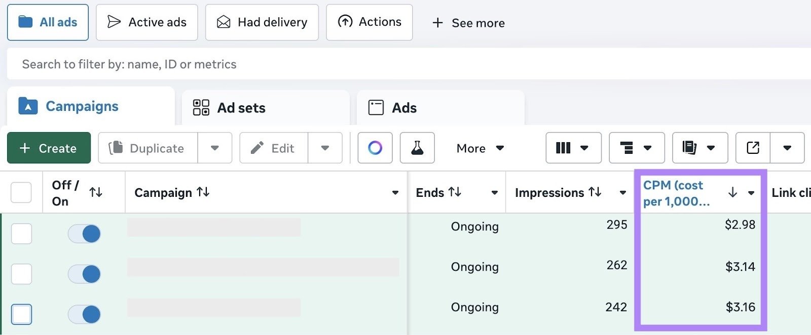 The "CPM" column highlighted on Meta Ads Manager.