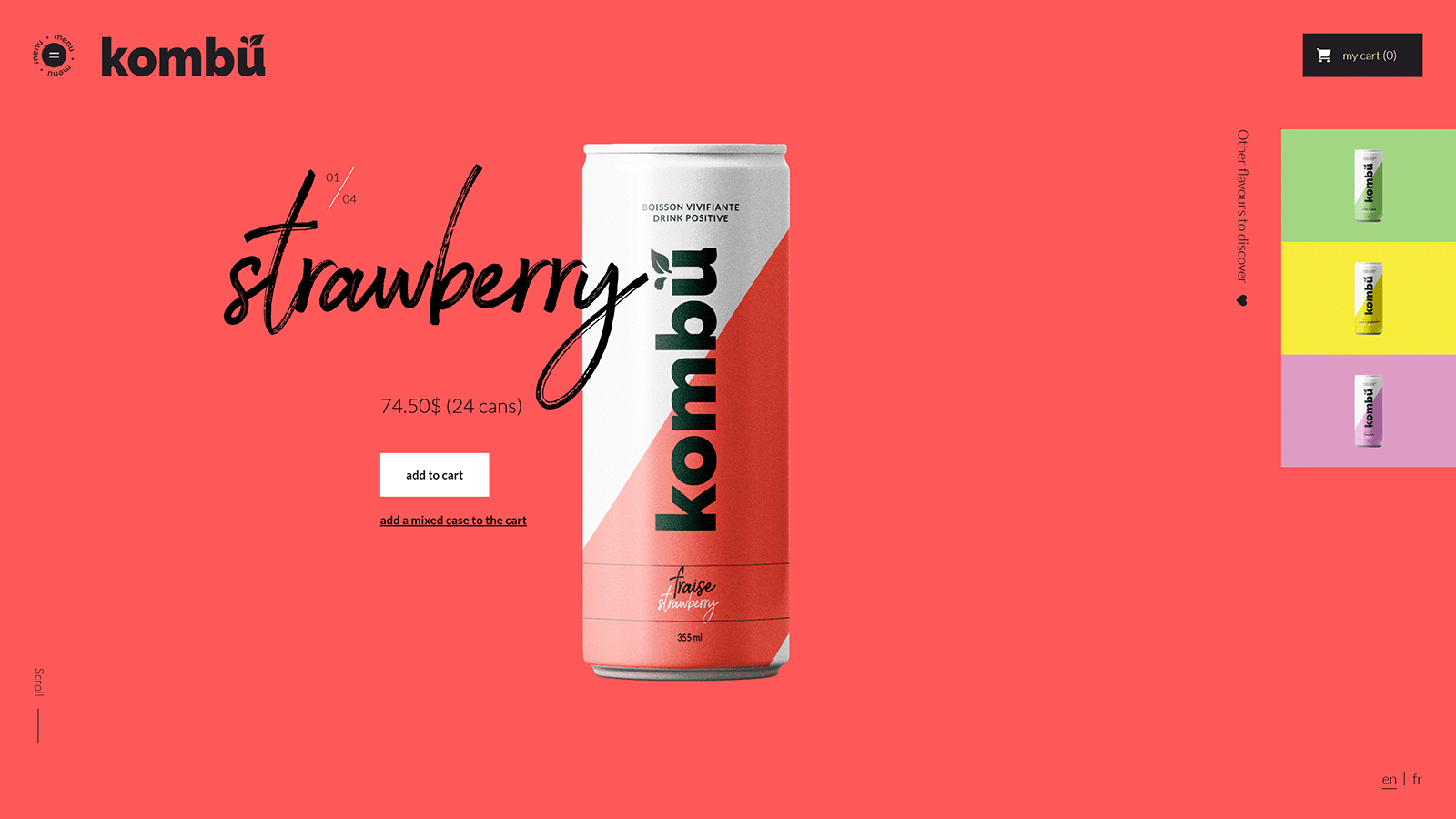 Kombu strawberry drink product page with large can image, price, and Add to Cart button
