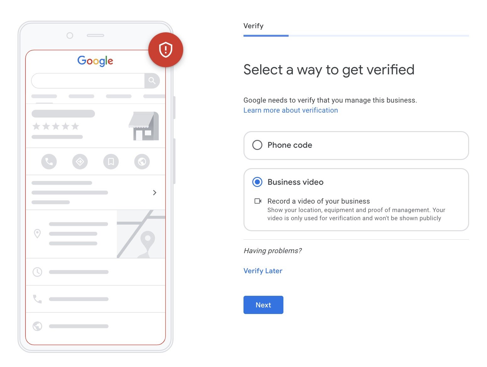 Verification page as part of setting up a Google Business Profile with the options including to verify via a phone code or a business video.