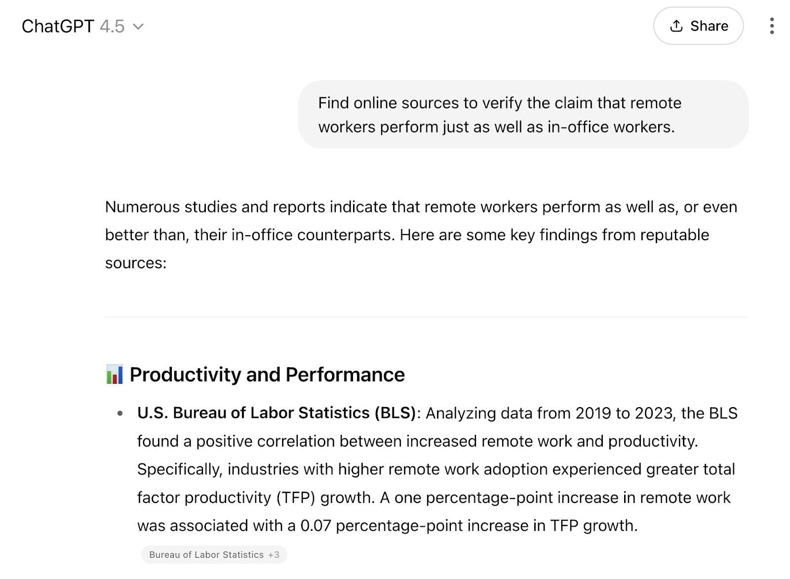 Prompt says, "Find online sources to verify the claim that remote workers perform just as well as in-office workers." And the response shows statistics from various sources.