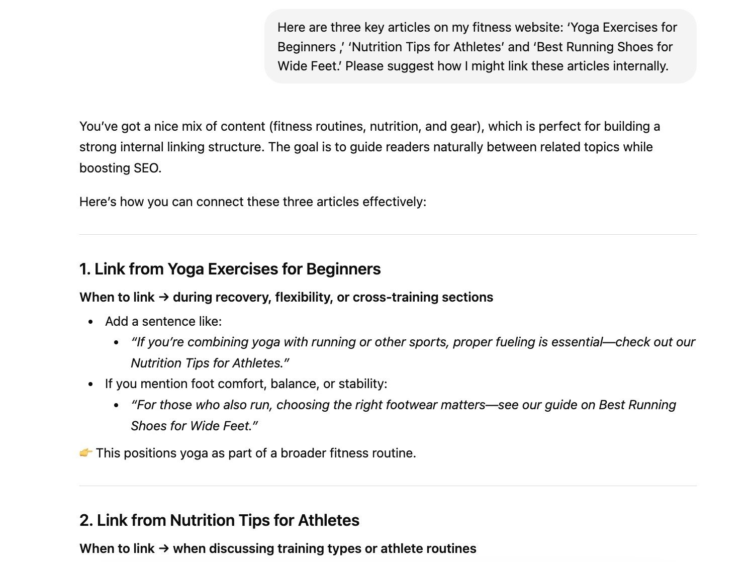A prompt requesting for internal linking suggestions along with the response on ChatGPT.