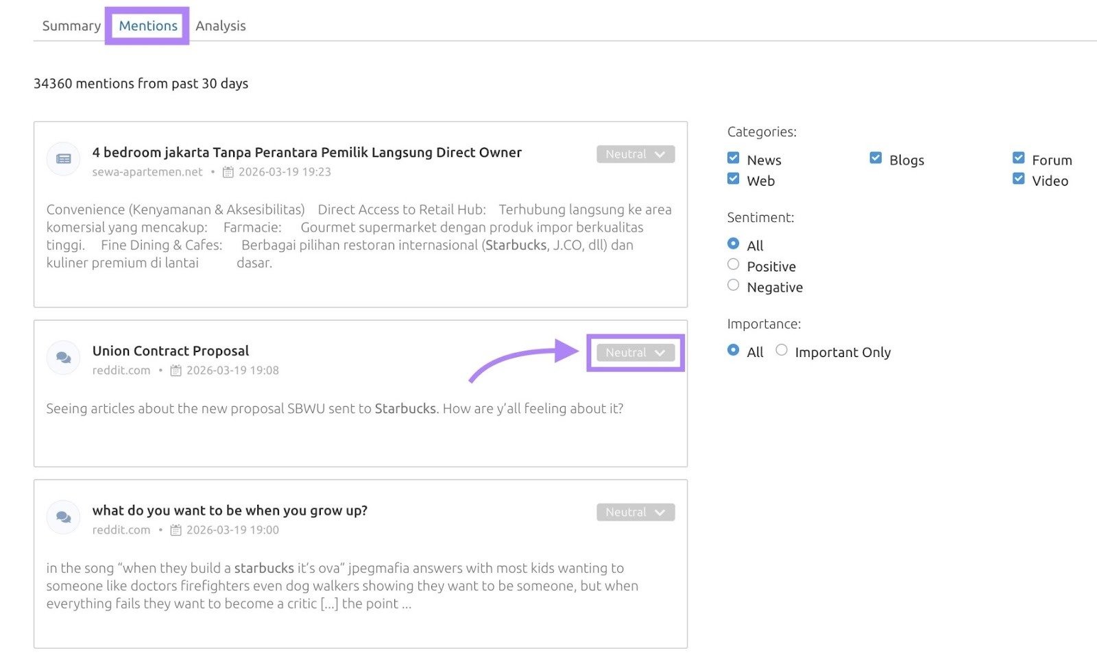 Brand mentions sorted by date on the 'Mentions' tab of the 'Media Monitoring' tool with filters for category, sentiment and importance.