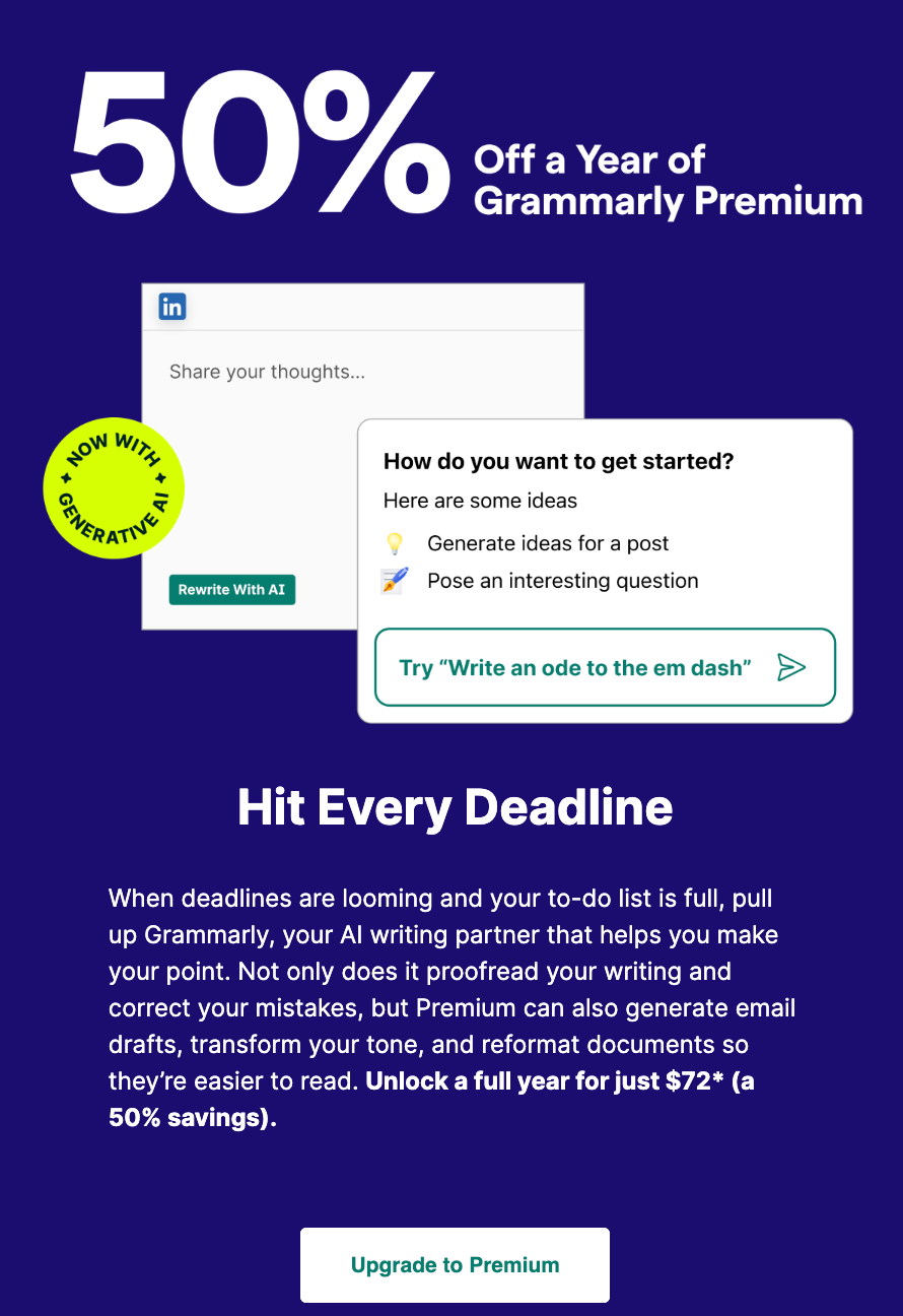 grammarly promotes a 50% off a year of grammarly premium with a call to action that says upgrade to premium