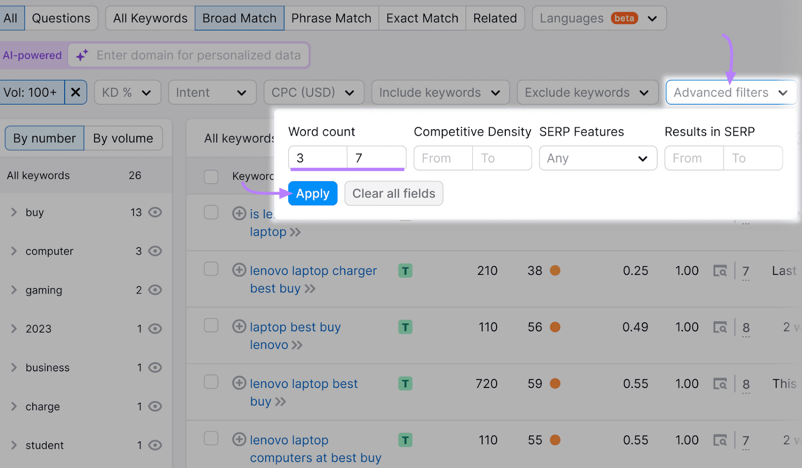 Keyword Magic Tool with "Advanced filters" expanded, showing "Word Count" input fields for specifying parameters.