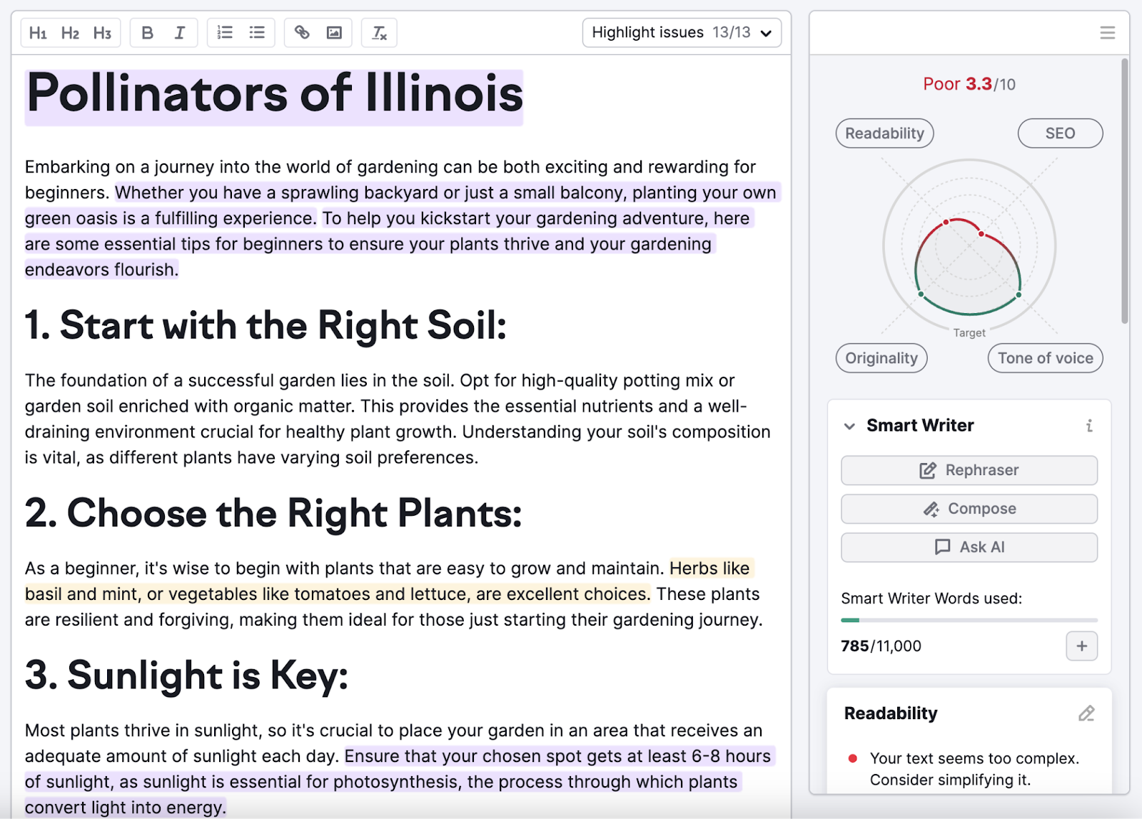 An article outline and content score (based on readability, SEO, originality, and tone of voice) in SEO Writing Assistant tool