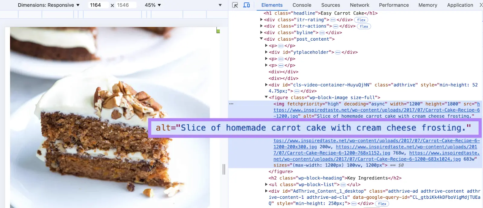 The source code of a page showing clear, descriptive alt text added for images.