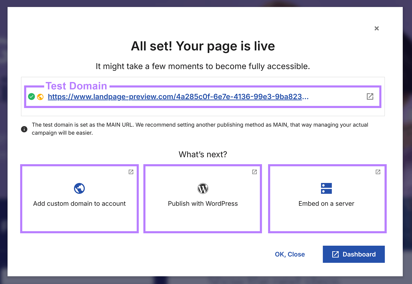 Popup showing test domain URL and publishing options highlighted