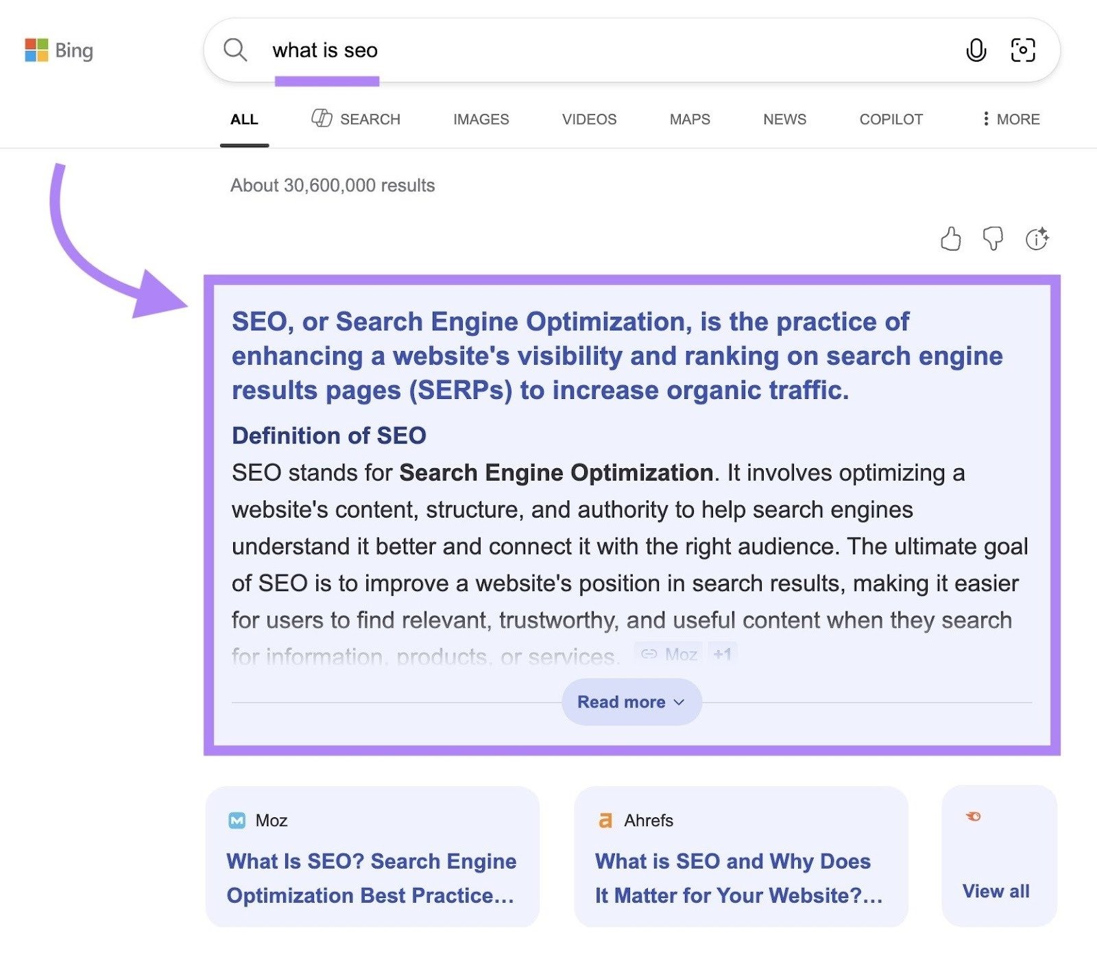 Bing SERP for the term "what is seo" showing an AI-powered summary appearing at the top of the page.