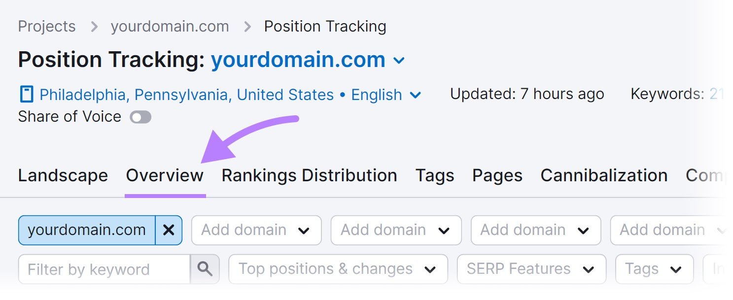 "Overview" tab selected in Position Tracking tool