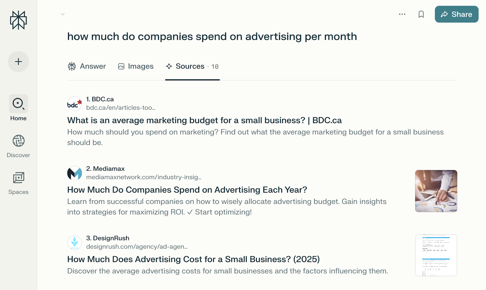 Perplexity lists cited sources in the Sources tab of its response.