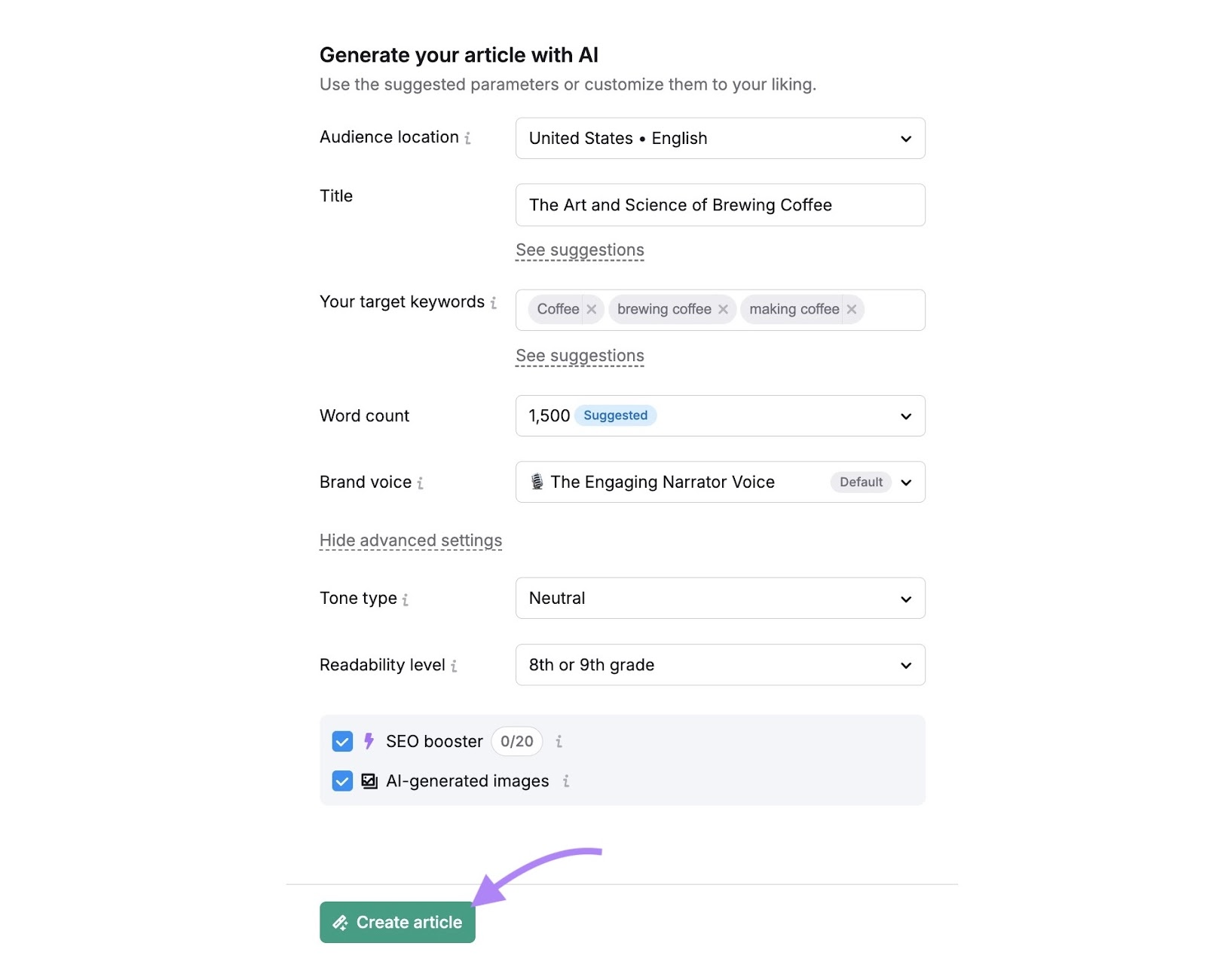 AI Article Generator setup with options to customize the title, target keywords, tone, readability level, etc.