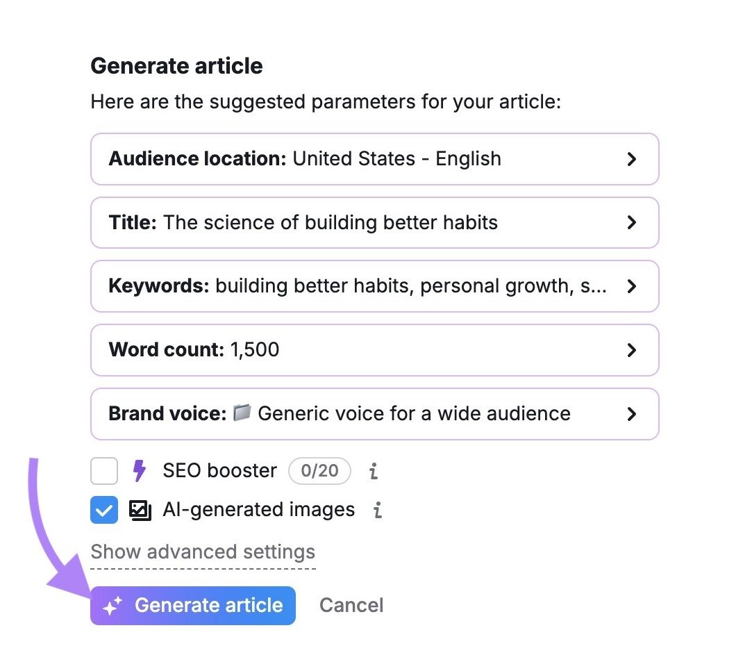 AI Article Generator settings with the input boxes filled and "Generate article" clicked.