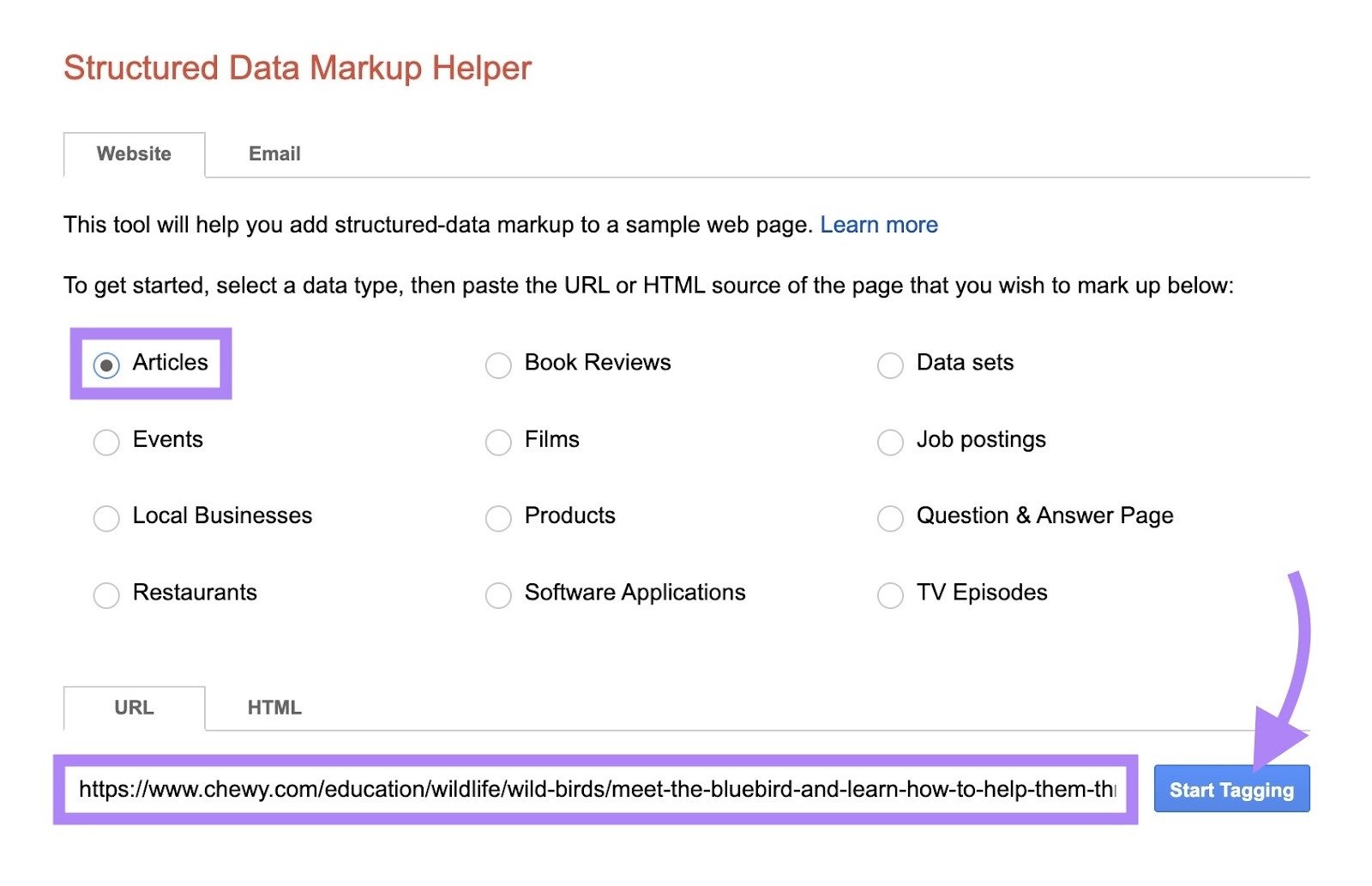 Structured Data Markup Helper with "Articles" selected, the URL field highlighted, and "Start Tagging" clicked.