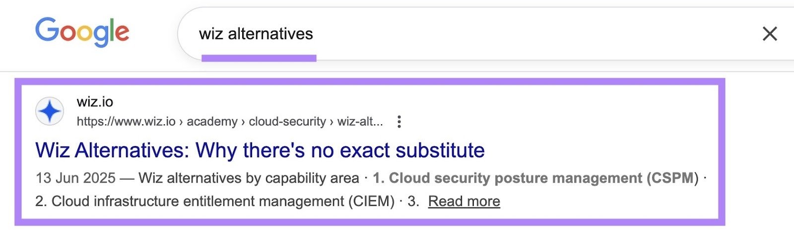 Google SERP with "wiz alternatives" entered as the term showing a result by Wiz with a page titled "Why there's no exact substitute."