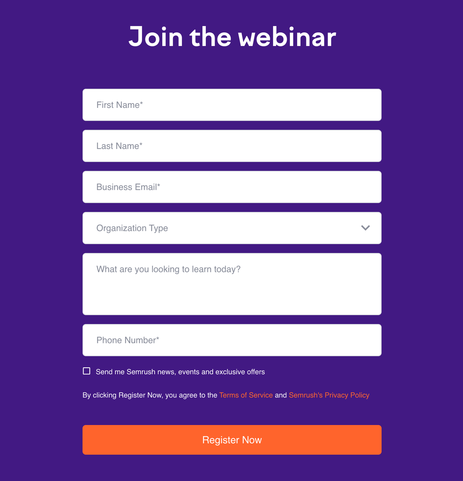 Semrush's webinar registration form