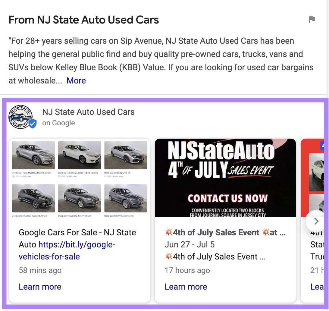 The posts section highlighted on a Google Business Profile listing.