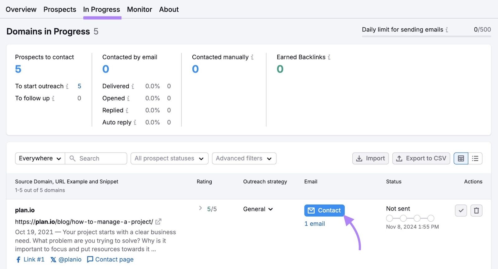"In Progress" tab on the Link Building Tool with "Contact" next to a prospect clicked.