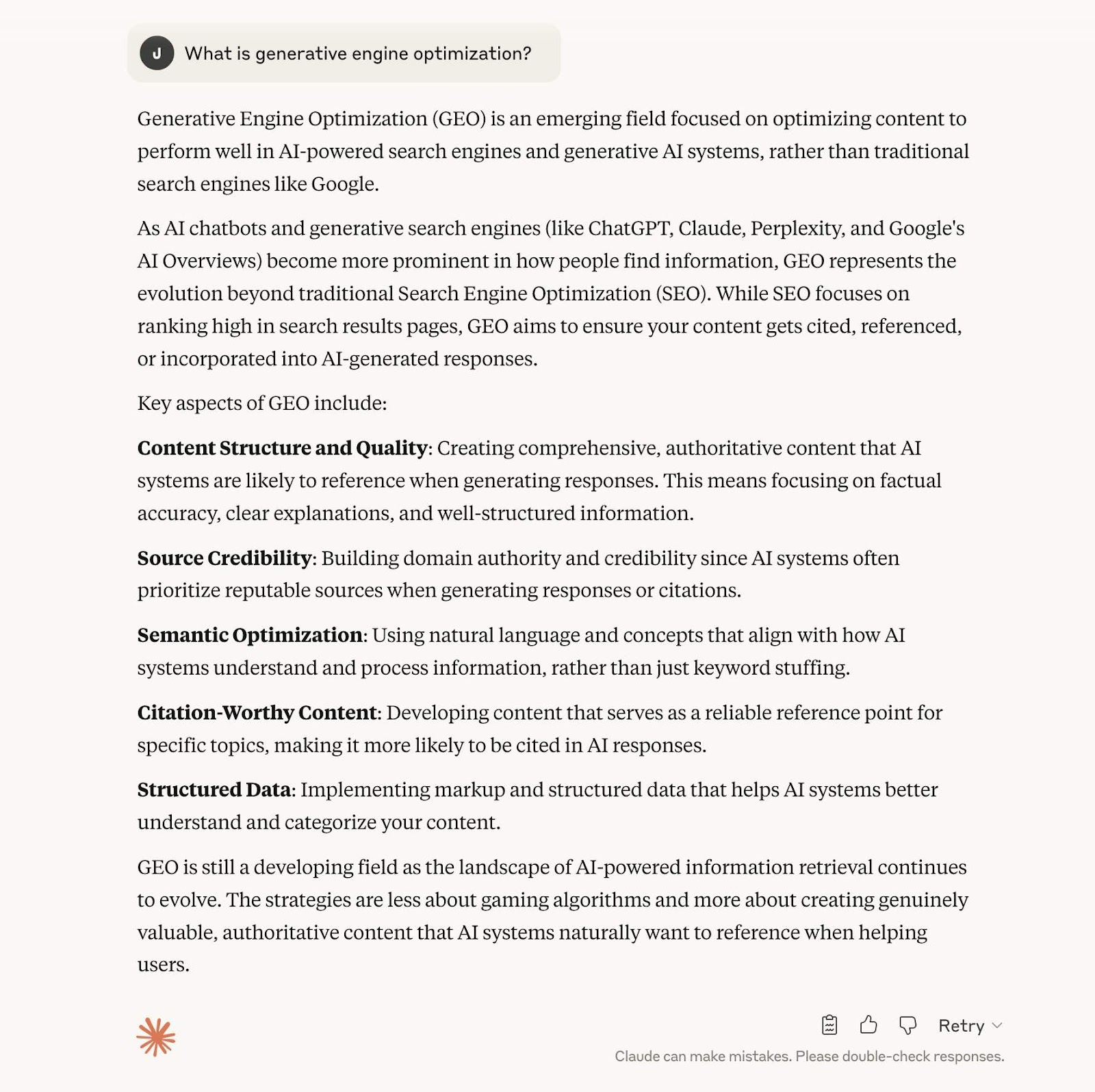 Claude interface showing an AI-generated answer to the query “What is generative engine optimization?”.