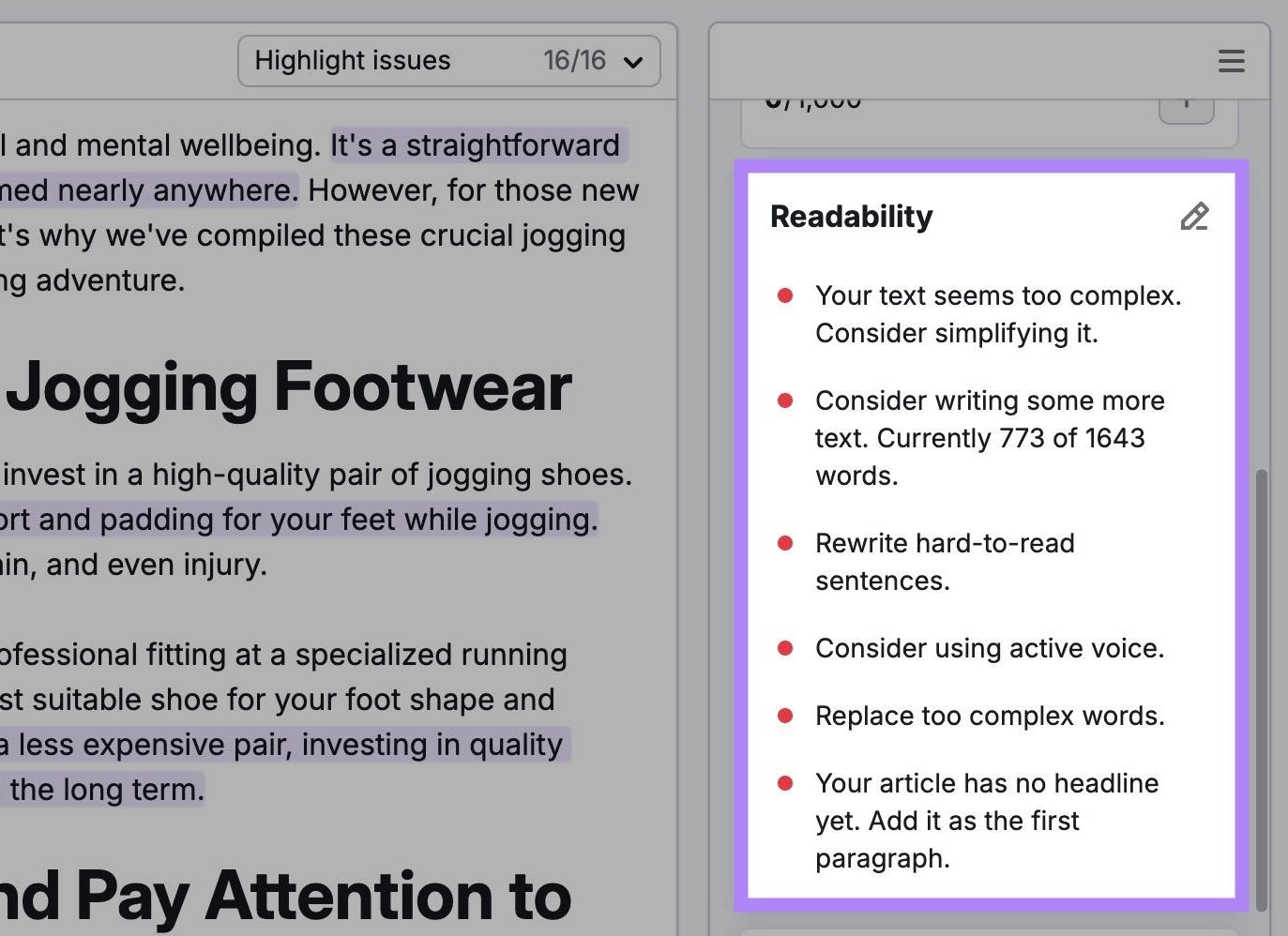 Readability suggestions on SWA including to consider writing more text, rewriting hard sentences, using more active voice, etc.