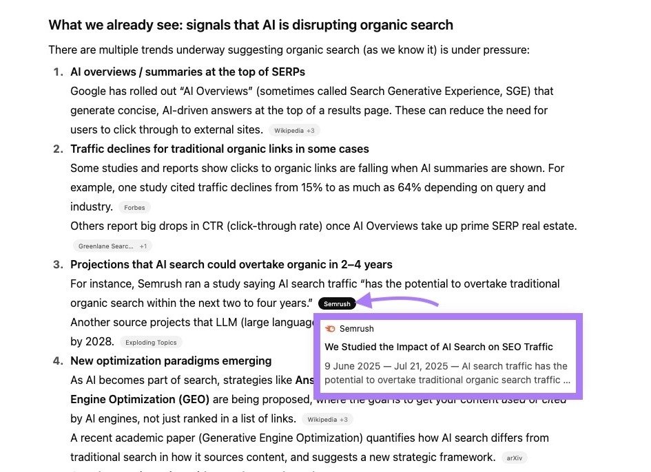 ChatGPT response citing an article by Semrush which contains original data and statistics.